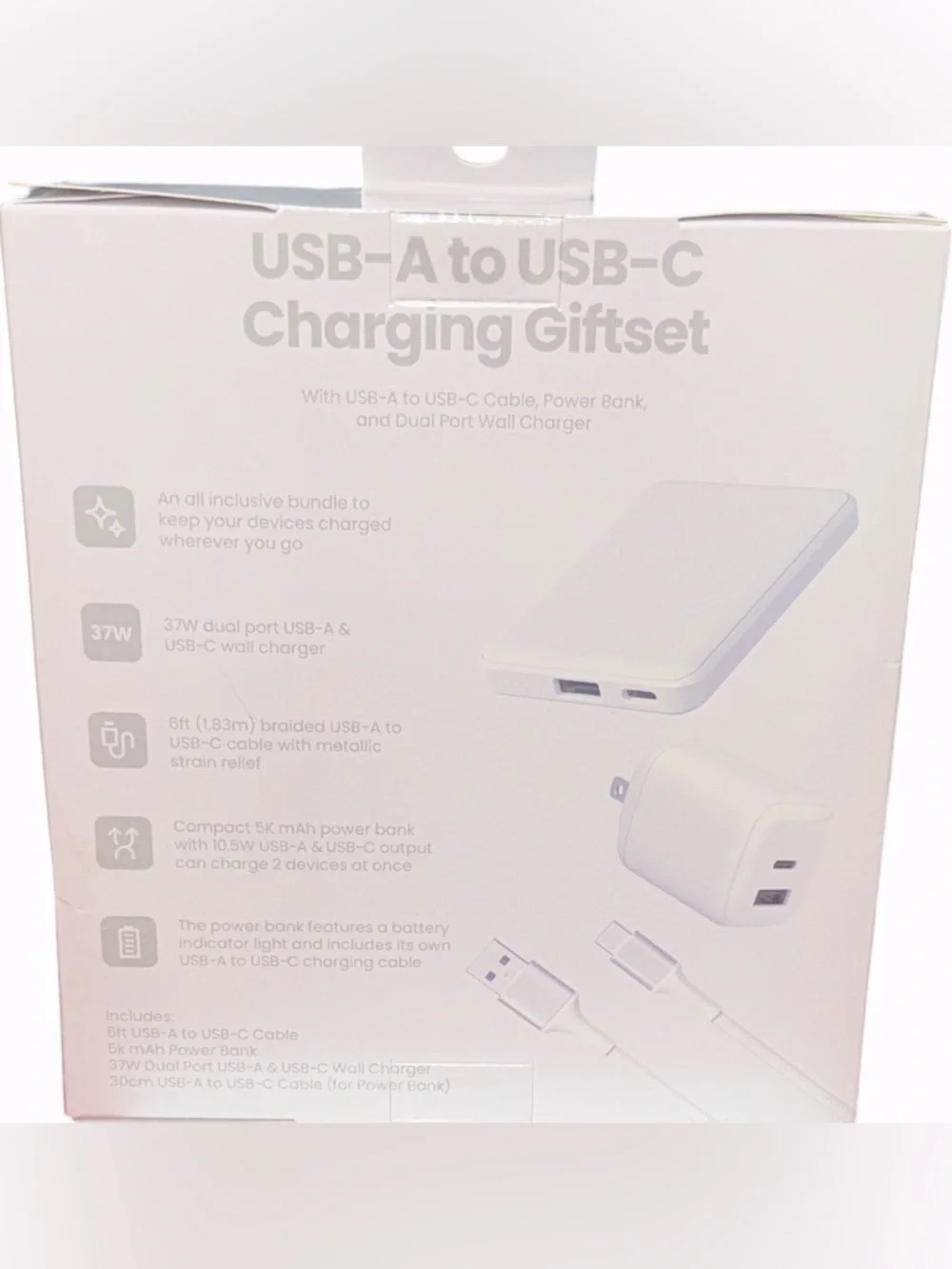 White Charging Giftset Power Bank Portable Charger Wall Charger USB-A to USB-C